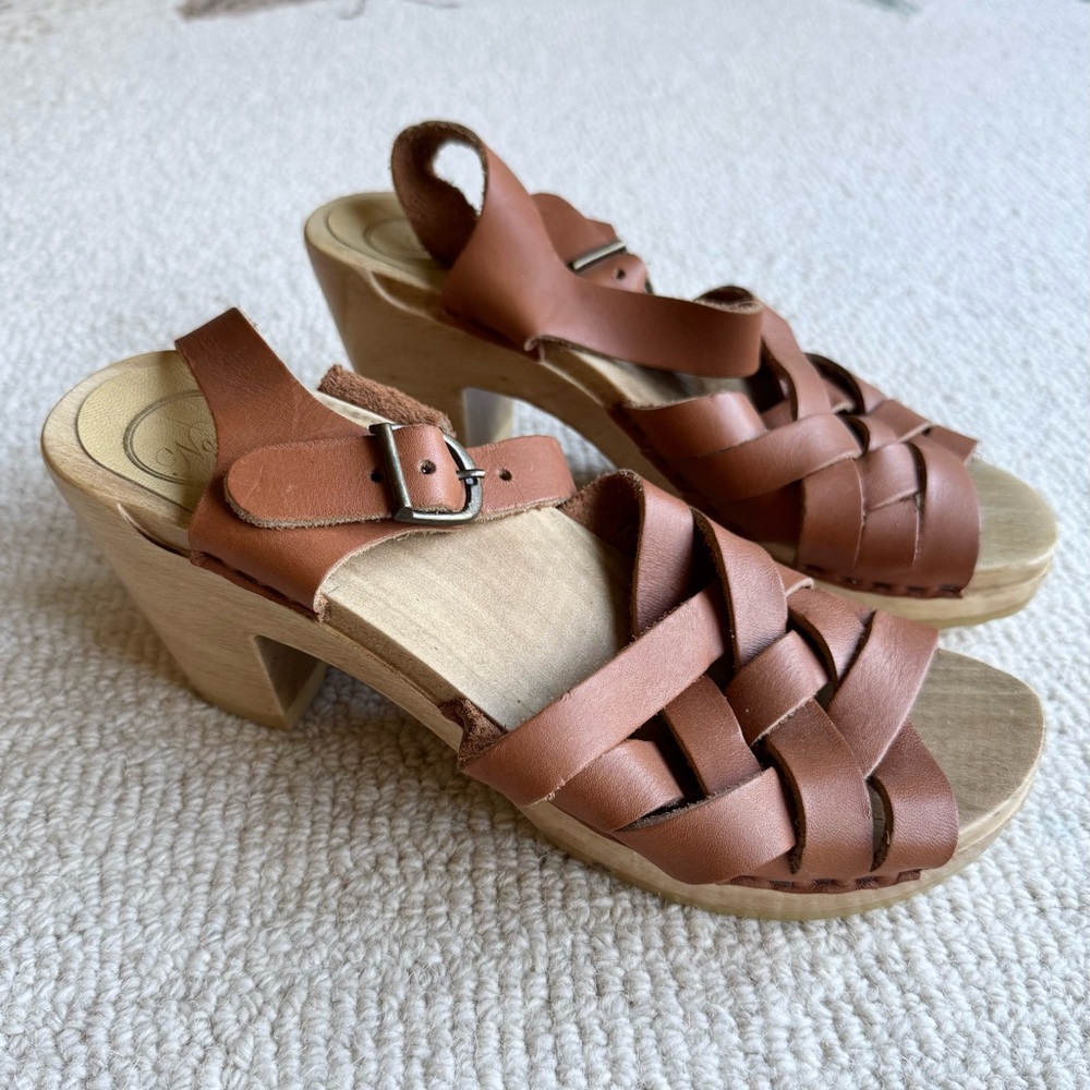 No. 6 Tan Cognac Brown Leather Braided Clogs Wooden Heel Ankle Strap NEW 39